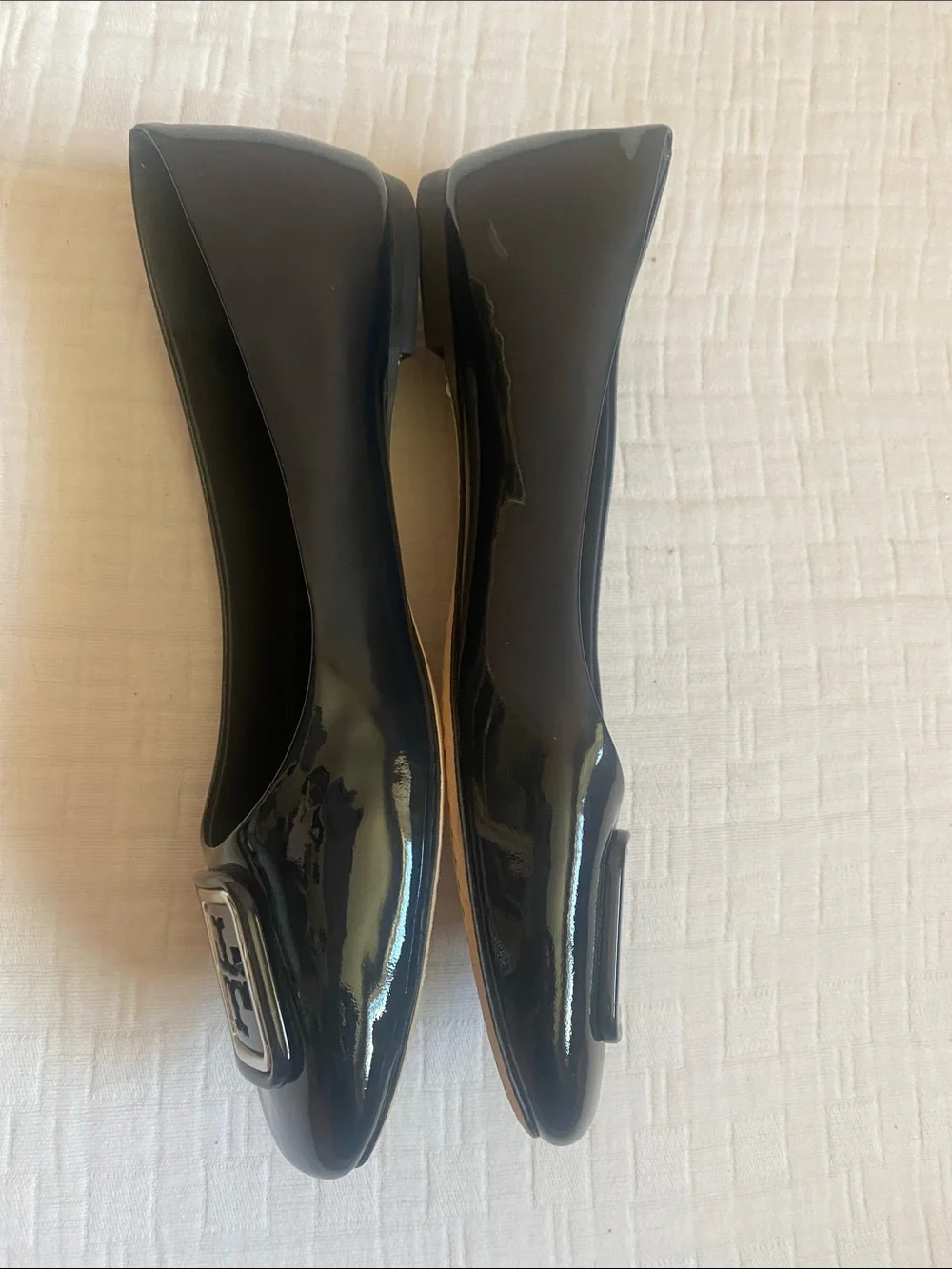 TORY BURCH  Dark Blue Patent Leather Logo Square-Toe Ballet Flats